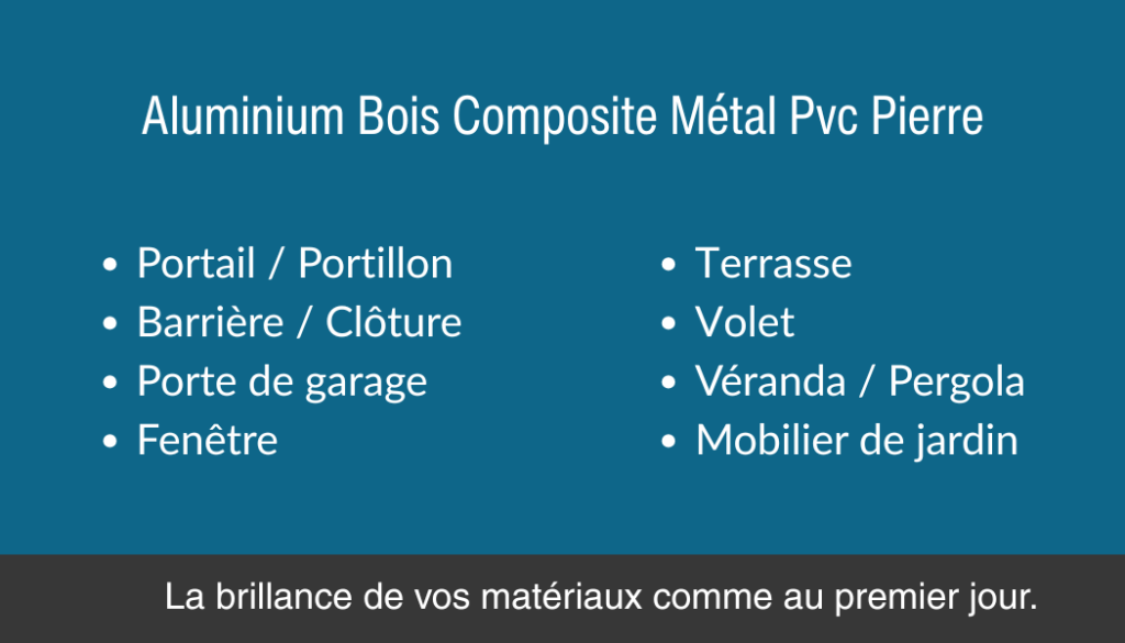 Aluminium Bois Composite Métal Pvc Pierre Portail / Portillon Barrière / Clôture Porte de garage Fenêtre Terrasse Volet Véranda / Pergola Mobilier de jardin